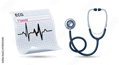 Electrocardiogram paper with heart rhythm and stethoscope.