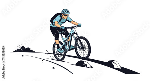 Dynamic Mountain Biker Descending a Trail with Helmet and Backpack.