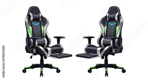Two modern ergonomic racing style gaming chairs with adjustable footrests and vibrant green accents.