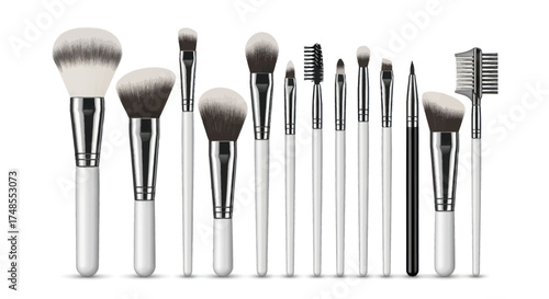 A collection of professional makeup brushes with white handles and silver ferrules.