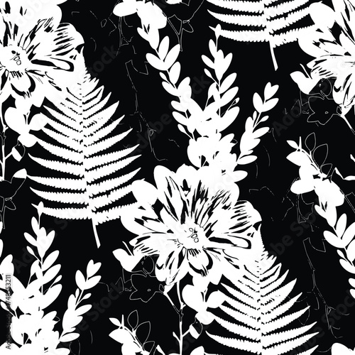 Seamless floral pattern, classic flower ornament, abstract ditsy print in vintage motif. Elegant botanical design of beautiful large wild flowers, leaves, small branches, herbs. Vector illustration.