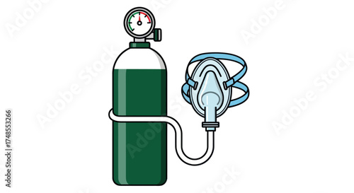 Medical Oxygen Tank with Face Mask and Pressure Gauge.