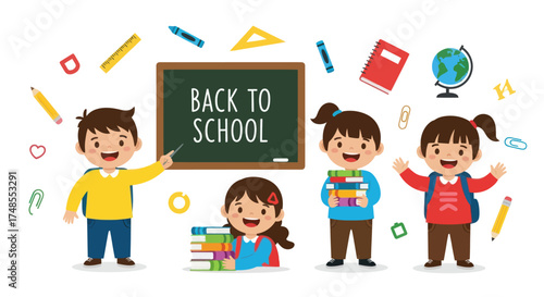 Cheerful cartoon children with school supplies around a blackboard saying Back to School.