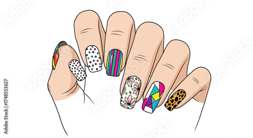 Artistic and Colorful Decorated Fingernails with Diverse Patterns.