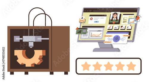 3D printer creating a gear, desktop monitor displaying online courses, and a five-star rating bar. Ideal for technology, education, innovation, learning, reviews analytics manufacturing. Simple