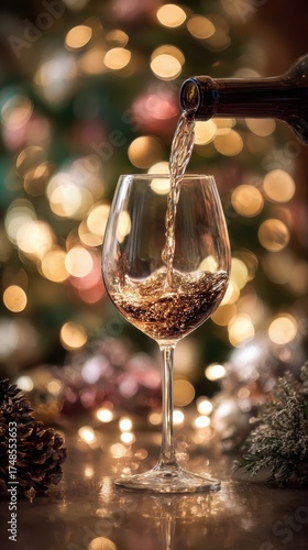 Festive Pour: A glass is filled with flowing wine, amidst a backdrop of holiday lights and decorative ornaments, evoking a sense of cozy celebration and seasonal cheer.