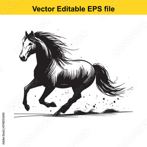 Vector art of dynamic black and white illustration of a powerful horse galloping with its mane and tail flowing