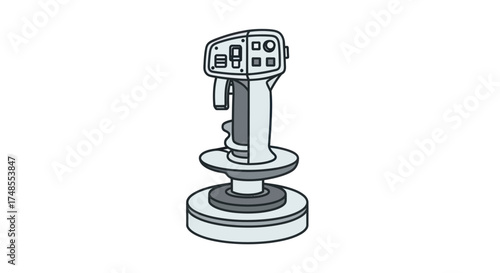 Illustration of a white and gray joystick with buttons and a cylindrical base.