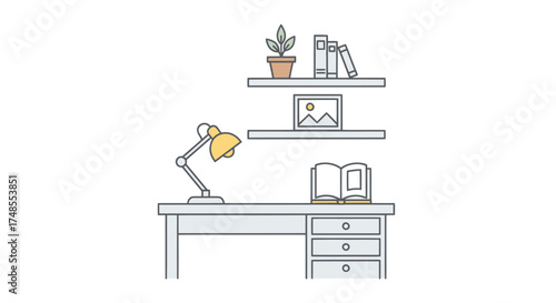 Minimalist Desk Setup with Lamp Books and Plant.