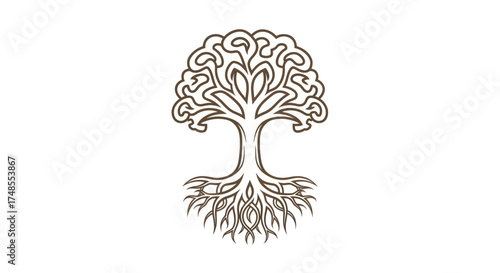 Symbolic Tree of Knowledge with a crown shaped like a human brain and intricate roots.