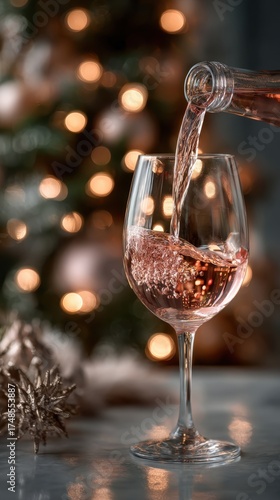 Wine Pouring: A festive scene captures the elegance of pouring a glass of rose wine, against a backdrop of softly glowing Christmas lights and decorations, perfect for celebration.