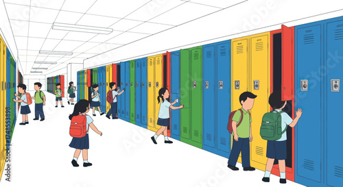 Students Interacting with Colorful School Lockers in Hallway.