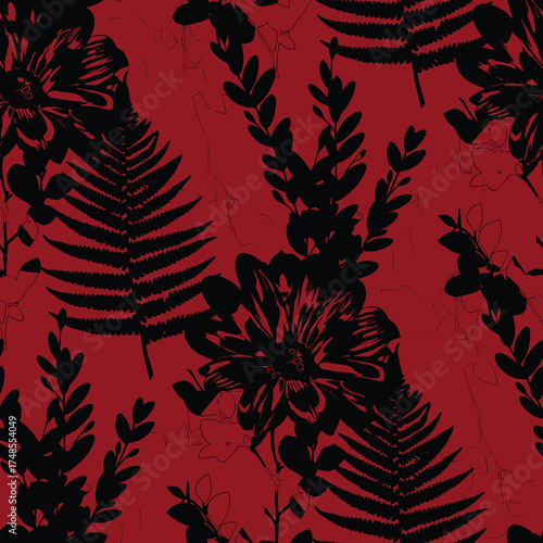 Seamless floral pattern, classic flower ornament, abstract ditsy print in vintage motif. Elegant botanical design of beautiful large wild flowers, leaves, small branches, herbs. Vector illustration.