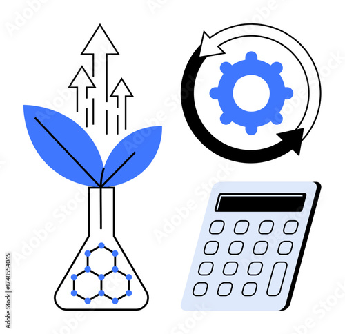 Flask with plant, circular gear arrow, calculator symbolizing growth, eco-progress, and innovation. Ideal for sustainability, analysis, environment finance technology biology education. Simple