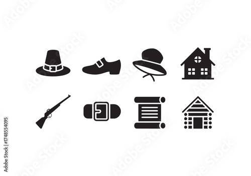 Pilgrim and Colonial Icon Set – Hats, Shoes, Weapons, Houses, and Historical silhouette
