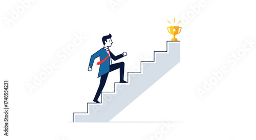 Businessman climbing stairs towards a golden trophy symbolizing success and achievement.