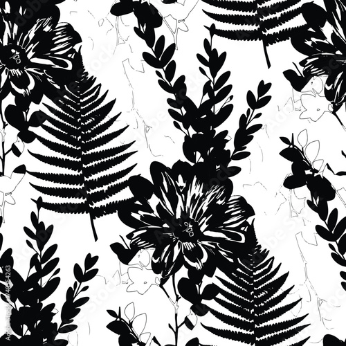 Seamless floral pattern, classic flower ornament, abstract ditsy print in vintage motif. Elegant botanical design of beautiful large wild flowers, leaves, small branches, herbs. Vector illustration.
