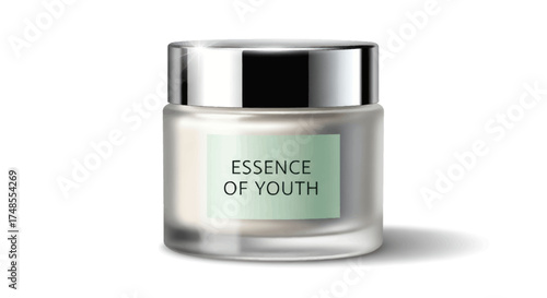 Frosted Glass Jar of Essence of Youth Cream with Silver Lid.