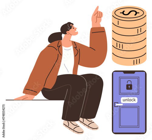 Woman sitting and pointing upward near coins and locked door. Ideal for finance, investment, opportunity, savings, growth, motivation, and unlocking potential themes. Simple flat metaphor
