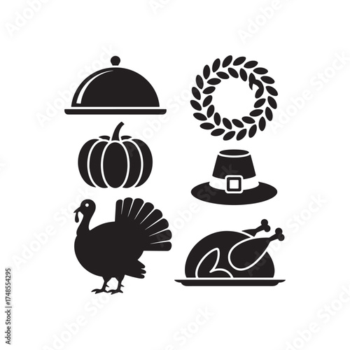 Vector illustration of a Thanksgiving Icon Set Turkey, Pumpkin, Pilgrim Hat, Wreath, and Dinner Silhouettes
