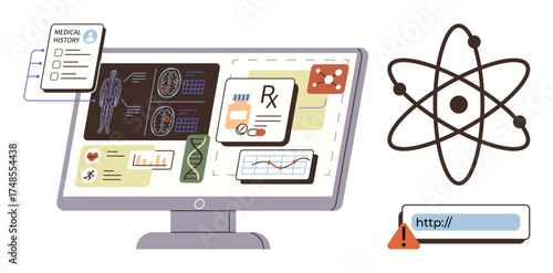 Computer screen displaying medical data, health charts, and drug prescriptions alongside atomic structure and warning icon. Ideal for healthcare, technology, innovation, diagnostics, biology
