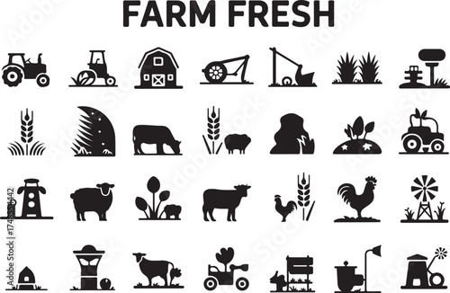 A collection of black farm fresh icons representing agriculture and rural life
