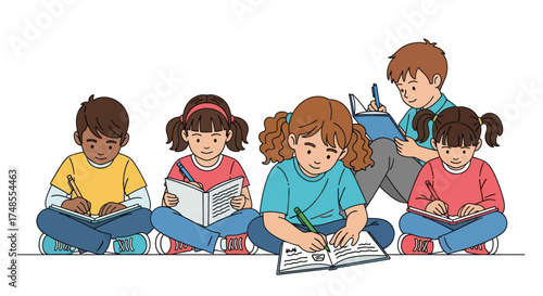 Diverse group of children engaged in reading and writing activities.