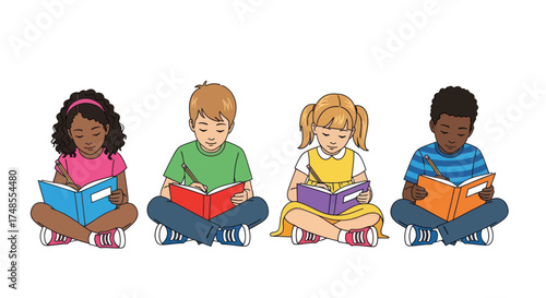 Diverse Group of Children Reading Books Together Sitting Cross-Legged.