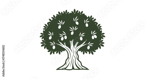 Stylized Olive Tree with Ripe Fruit and Textured Trunk.