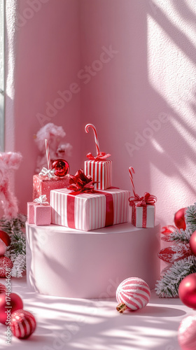 3D rendering presenting holiday product display podium, decorated with wrapped gifts, candy canes, christmas tree against soft pink background, highlighting seasonal celebration