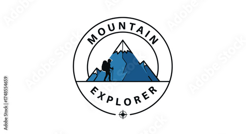Mountain Explorer Logo with Hiker and Peaks in Circle.