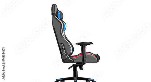 Modern Ergonomic Gaming Chair with Grey Blue and Red Accents Side View.