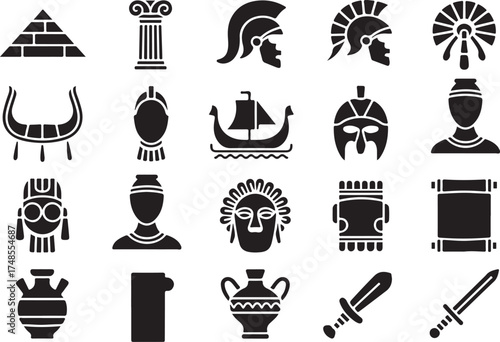 Ancient history icon set featuring egyptian greek and roman civilization elements