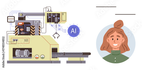 Automated machine with robotic arm connected to AI system and conveyor. Womans portrait reflecting personal customization. Ideal for technology, AI, manufacturing, automation, personalization