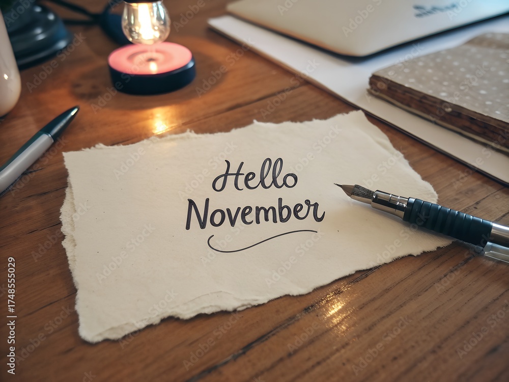custom made wallpaper toronto digitalHello November message on textured paper with fountain pen on wooden desk top