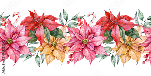 Wallpaper Mural Hand Drawn Watercolor Christmas Border. Christmas Seamless Border with Poinsettia and foliage. Christmas Watercolor. Winter greenery. Christmas border for greeting cards, decoration Torontodigital.ca