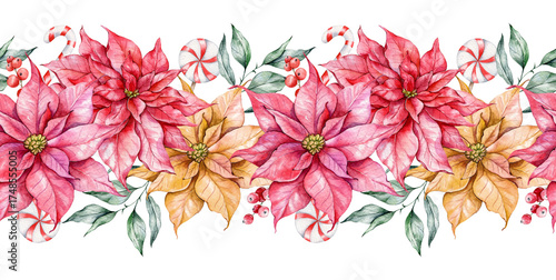 Wallpaper Mural Hand Drawn Watercolor Christmas Border. Christmas Seamless Border with Poinsettia and foliage. Christmas Watercolor. Winter greenery. Christmas border for greeting cards, decoration Torontodigital.ca