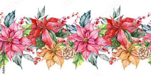 Wallpaper Mural Hand Drawn Watercolor Christmas Border. Christmas Seamless Border with Poinsettia and foliage. Christmas Watercolor. Winter greenery. Christmas border for greeting cards, decoration Torontodigital.ca