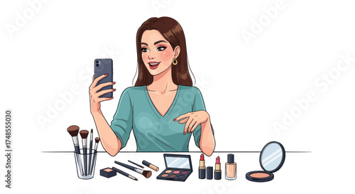 Young Woman Taking Selfie with Makeup Products on Table.