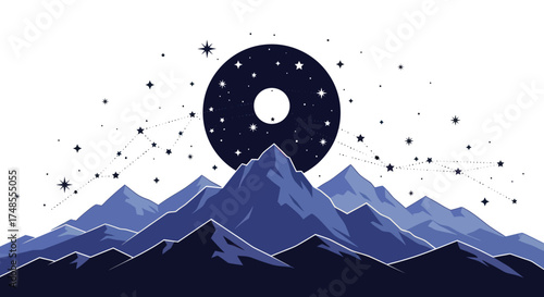 Cosmic Ring Above Jagged Mountain Peaks Under Starry Sky.