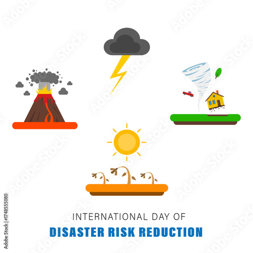 International day for disaster risk reduction. Vector illustration of natural disaster warning signs.