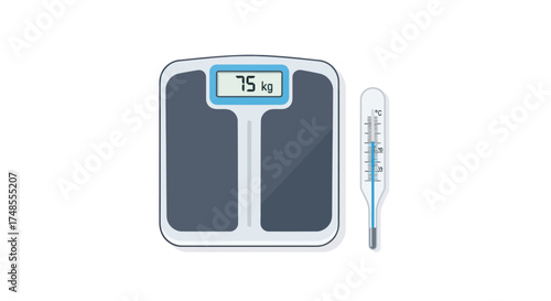 Digital bathroom scale displaying weight with a mercury thermometer beside it.