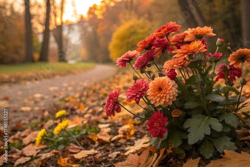 Wallpaper Mural Vibrant autumn flowers bloom beside a leafstrewn path in a tranquil parkland Torontodigital.ca