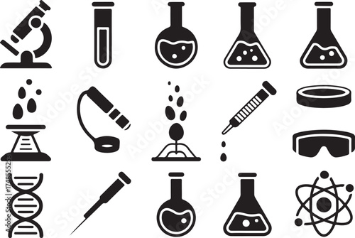 Black and white laboratory science and research equipment icons set illustration