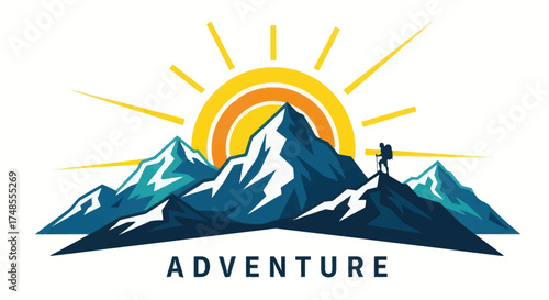 Vibrant Mountain Adventure Logo with Rising Sun and Lone Hiker Silhouette.