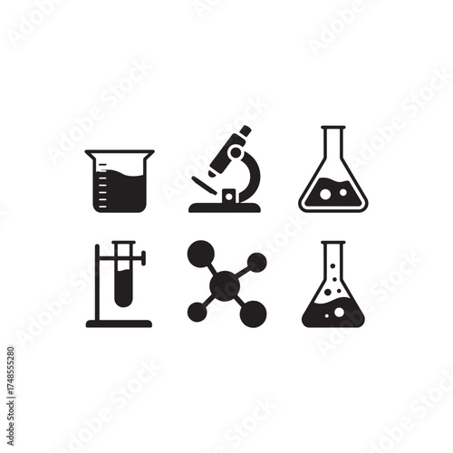 Science lab icon set. Chemical laboratory equipment and biology research tool silhouettes. Vector illustration