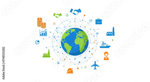 Global Network Illustration with Earth and Connected Business Icons.