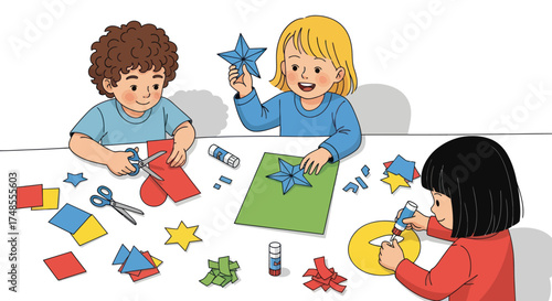 Children crafting with paper scissors and glue creating colorful shapes and stars.