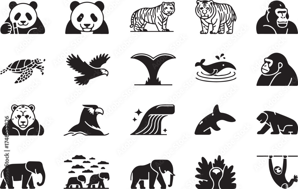 Fototapeta premium Black and white vector illustrations of wild animals and various creatures in minimalist style