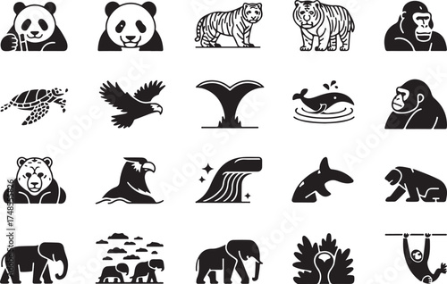 Black and white vector illustrations of wild animals and various creatures in minimalist style